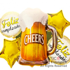 SET DE GLOBOS METALIZADO CERVEZA CHEERS 5 UNIDADES X 1